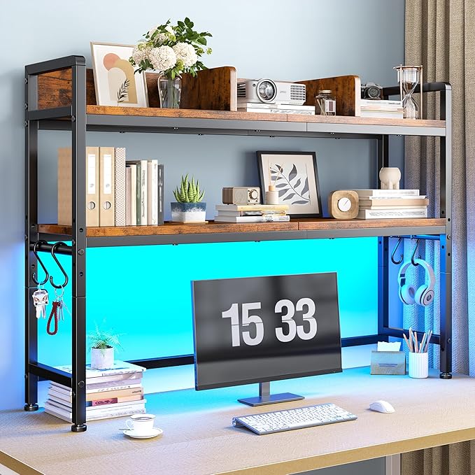 REIBII 45.2" Desk Shelf with LED Lights and Hooks,2-Tier Adjustable Multipurpose Solid Wood Desk Hutch Dorm,Desktop Organizer Rack with 3 Display Rack for Dorm,Office Home,Rustic Brown