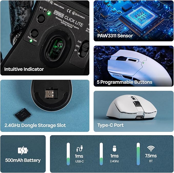 EPOMAKER Click Lite Wireless Gaming Mouse, 800 to 12,000 DPI Adjustable, PAW3311 Sensor, 500mAh, 59g, 2.4G/BT/USB-C Rechargeable Wireless Mouse with 5 Programmable Buttons for PC/Mac/Linux (White)