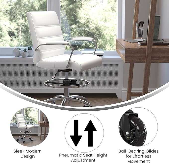 Flash Furniture Lexi Mid-Back Drafting Chair with Adjustable Foot Ring - White LeatherSoft Upholstery - Chrome Base - Roller Wheels