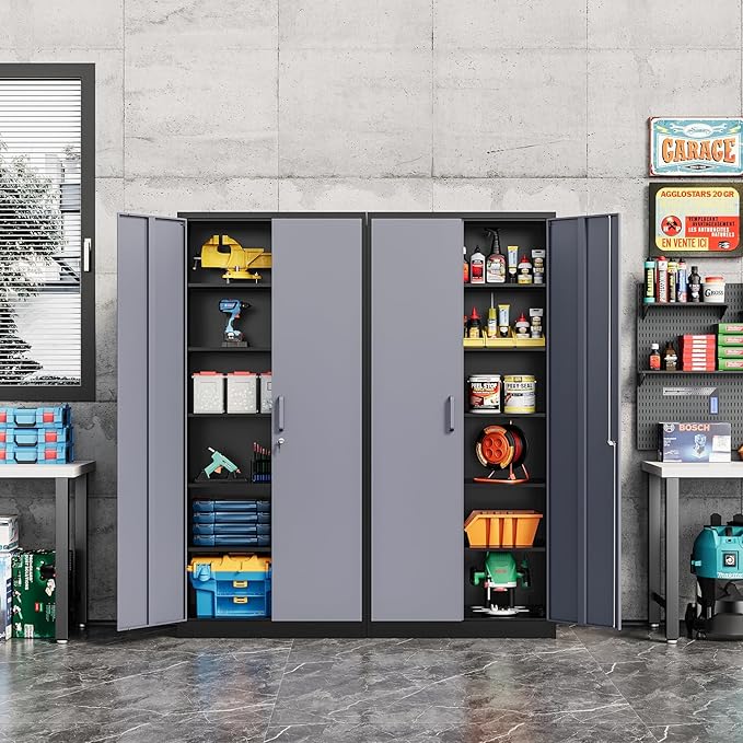 Fesbos Metal Storage Cabinet-72” Tall Steel File Cabinets with Lockable Doors and 5 Adjustable Shelves-Black&Gray Steel Storage Cabinet for Home, School, Office, Garage