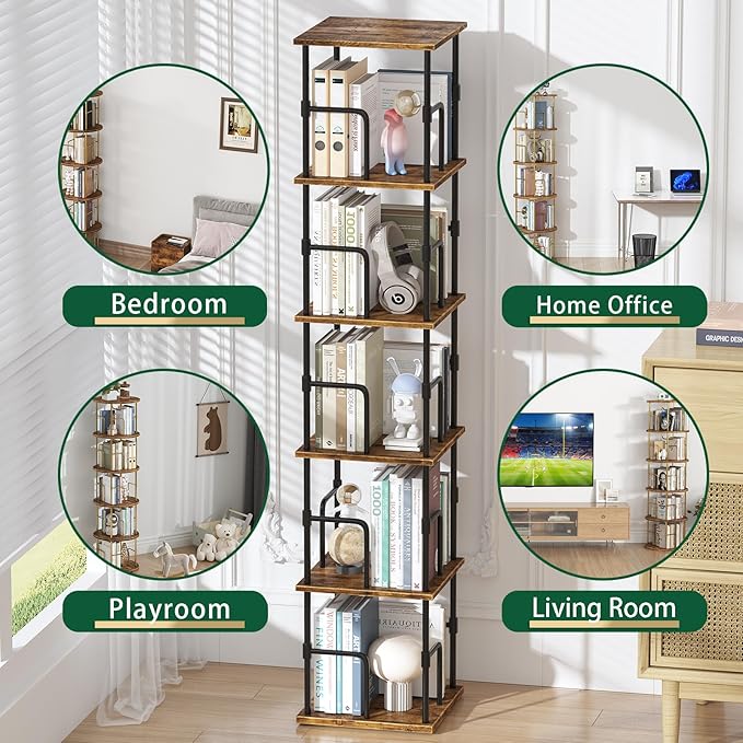 5-Tier Rotating Bookshelf, Freestanding Corner Bookshelf, 360° Spinning Bookcase Industrial Style Storage Rack with Rails, for Living Room, Bedroom, Study