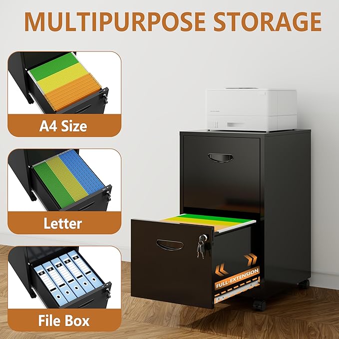 Polup 2 Drawer File Cabinet on Wheels, Mobile Two Drawer Filing Cabinet with Lock, Small Rolling Files Cabinets for Under Desk, Metal Filing Cabinets for Letter Size Folders - Assembly Required