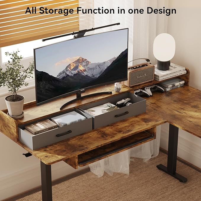WALKINGDESK 63 Inches Height Adjustable L Shaped Standing Desk with 2 Drawers and Keyboard Tray, Electric Sit to Stand Home Office Comupter Table, Ergonomic Corner Gaming Desk, Rustic Brown