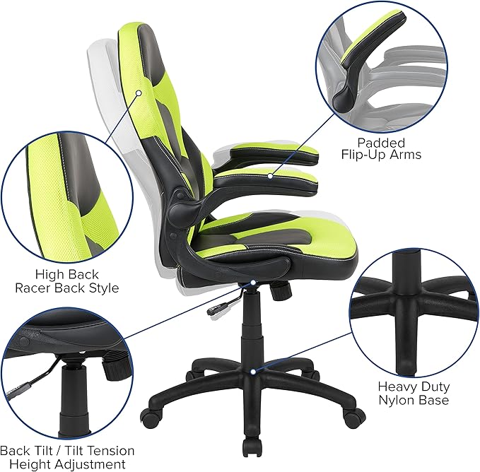 Flash Furniture Optis Black Gaming Desk and Green/Black Racing Chair Set with Cup Holder, Headphone Hook & 2 Wire Management Holes