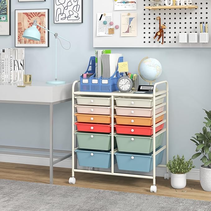 Moccha 12-Drawer Rolling Storage Cart - Utility Cart on Wheels with Lockable Casters for Craft Art Supply Paper Salon, Mobile Drawer Carts for Classroom Teacher School Office, Macaron