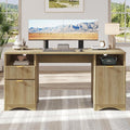 Bestier Computer Desk with 2 Drawer, 59 inch Office Desk with Storage Cabinet & 2 Open Storage, Fluted Executive Desk for Home Office & Studio, Brown Oak