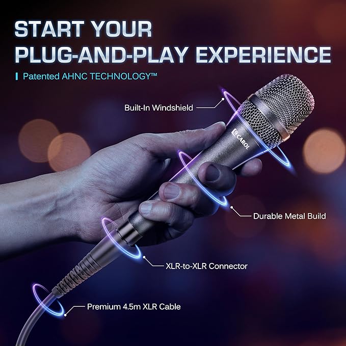 CAROL AC-910 XLR Wired Vocal Microphone – Dynamic Cardioid Mic with Dual-Engine AHNC Noise Cancelling Tech for Singing, Karaoke, Stage & Studio, Includes Microphone, Mic Clip & 14.8ft XLR Cable
