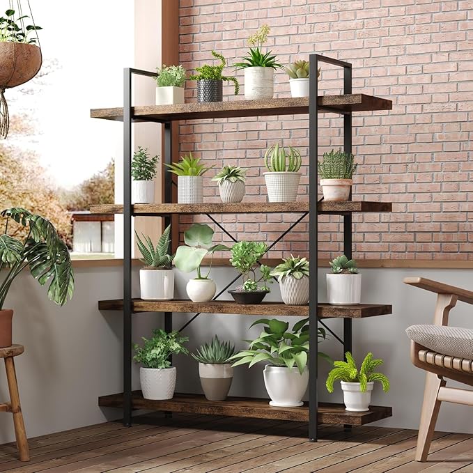 OtterOasis Heavy Duty 4-Tier Industrial Bookcase, 47" Wide Wood Bookshelf for Home Office, 120lbs Shelf Capacity, Rustic Open Shelving Display with Reinforced Horizontal Shelf for Living Room Bedroom