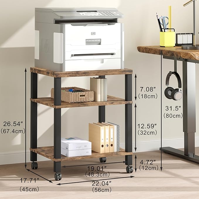 3-Tier Printer Stand with Wheels, Large Under Desk Rolling Cart for Office Storage, Heavy Duty Machine Stand with Adjustable Shelf, 22.04"x17.71"x26.54", Rustic Brown