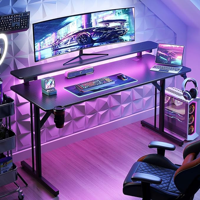 MOTPK 47 Inch Gaming Desk with LED Lights, Computer Desk Gaming Table with Monitor Shelf, Gamer Desk with Carbon Fiber Texture, Kids Boys Desk Gift for Men