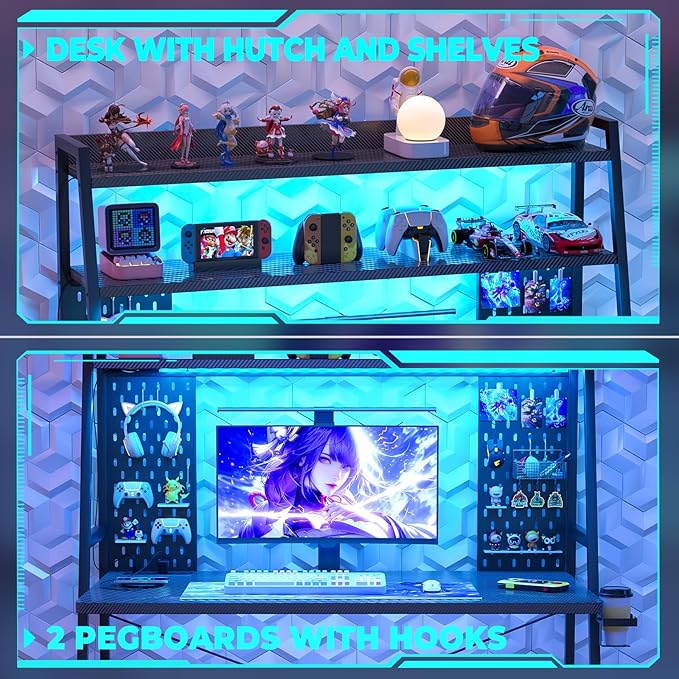 Besiost Small Gaming Desk with Hutch and LED Lights, Gaming Computer Desk with Power Outlets, Gamer Desk with Storage Shelves, Game Desks with Pegboards for Bedroom Small Spaces, Black, 43"