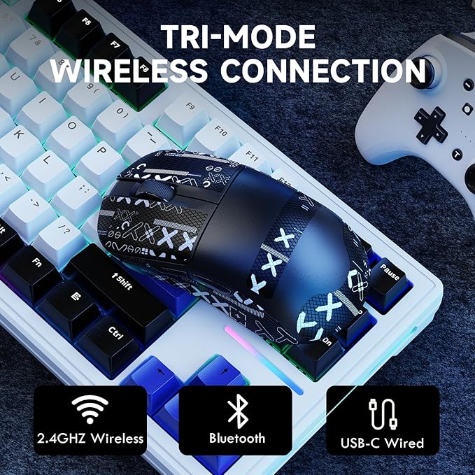 ZIYOU LANG×Magic-Refiner AJ199 Lightweight Wireless Gaming Mouse,Tri-Mode(2.4G/Wired/BT),24K DPI,PAW3311 Optical Sensor,1000Hz Polling Rate,600mAh,49g Ergonomic Mice for Mid-Large Hands-Black&Sticker