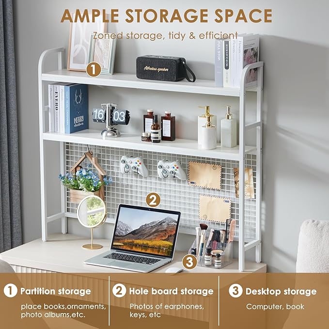 Desktop Hutch Shelf Organizer, 2-Tier Metal & MDF Desk Bookshelf with Grid Panel and Hooks for Office & Dorm (White, 45.3")