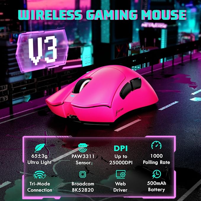MAMBASNAKE Attack Shark V3 Wireless Gaming Mouse,Adjustable 25K DPI PAW3311 Optical Sensor,Ergonomic 62g Lightweight 5 Programmable Buttons 500mAH Battery,2.4G/BT/USB-C Wired for PC/Mac-Red