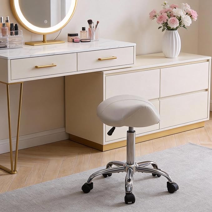 FIRAVOE Saddle Stool, Swivel Saddle Stool with Wheels, Adjustable Rolling Stool 18"-26", Faux Leather Rolling Stool for Salon, Massage, Clinic, Lab, Office (White, 1PCS (18"-26"))