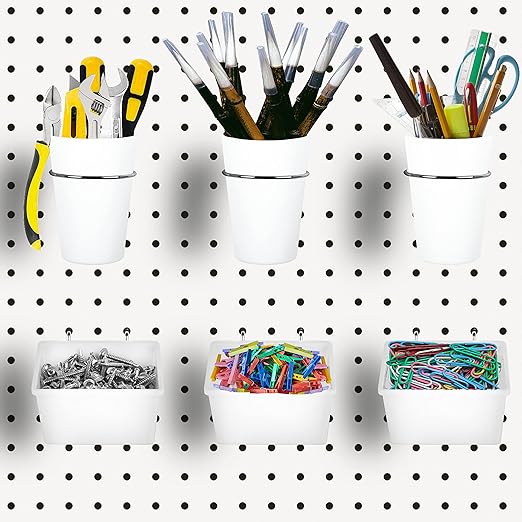 Kuhome 6 Sets Pegboard Bins Cups with Hooks Loops, Pegboard Hooks Assortment, Hooks for Pegboard Cup Holder for Tools Accessory Storage Organizer for Office Workshop Garage Workbench White