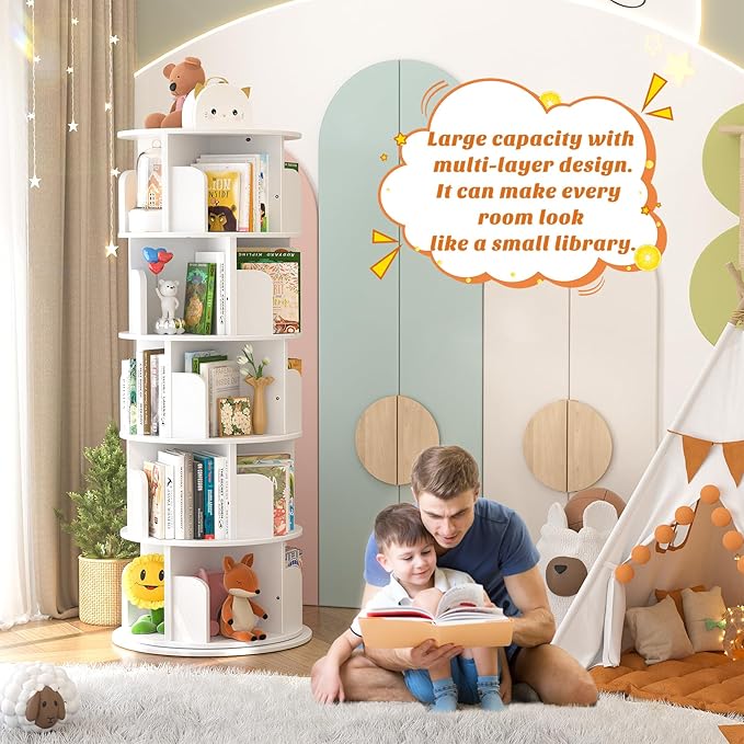 Aheaplus Rotating Bookshelf, 360 Display Wood Spinning Bookshelf Tower, 5 Tier Floor Standing Bookcase Storage Rack, Revolving Bookcase Corner Bookshelfs for Small Space, Bedroom, Study Room, White