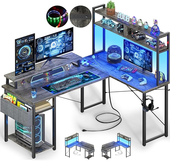 Besiost Small L Shaped Gaming Desk with Power Outlets, 48" Reversible L Shaped LED Computer Desk with Monitor Stand & Storage Shelf, Corner Gamer Desk Home Office Desk with Storage Bag, Black Oak