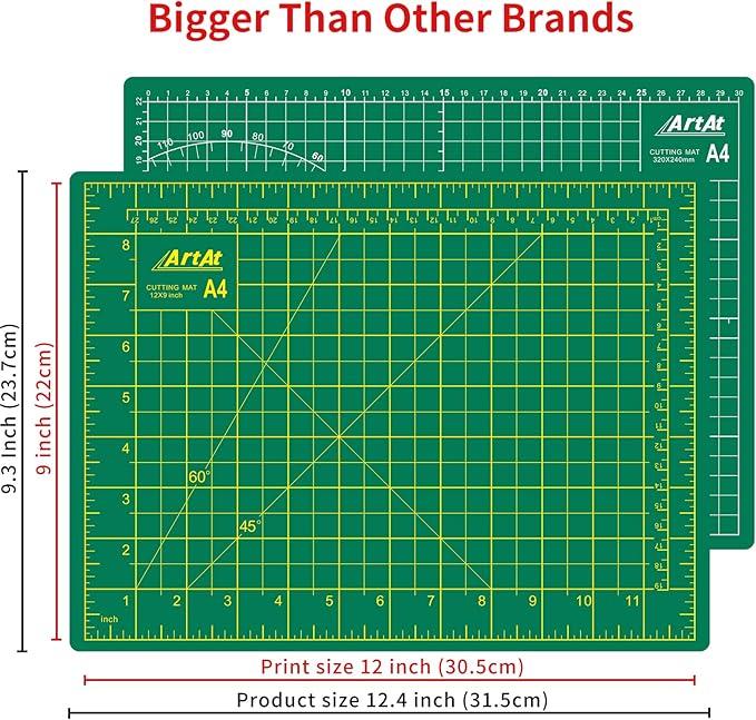 ArtAt Self Healing Cutting Mat: 9"x12" Non-Slip PVC Double Sided 5-Ply A4 Art Craft Rotating Mat, Rotary Cutting Mat for Quilting, Sewing Crafts Hobby Fabric Precision Scrapbooking Project Green
