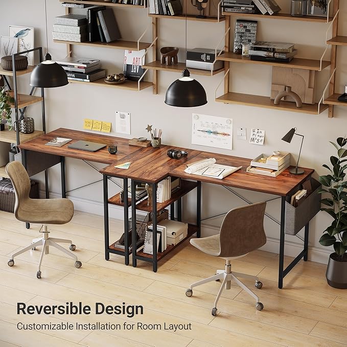 CubiCubi L Shaped Desk, 55" Computer Table with Reversible Storage Shelves Home Office Corner Study Writing Gaming, Brown