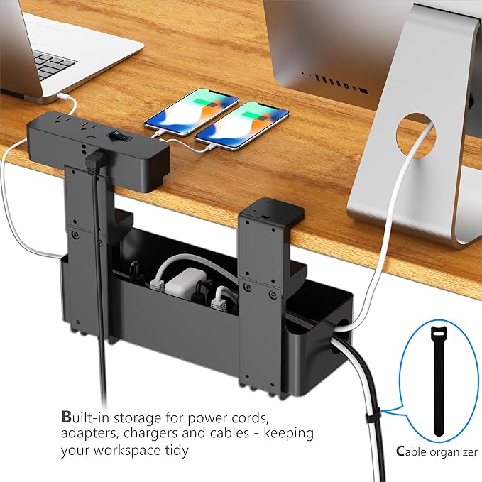 Hiree Under Desk Cable Management Tray with 8 AC Outlets, 2 USB & 1 USB-C Ports - Clamp Mount Storage Basket Organizer, No Drill Cord Storage Organizers for Standing Desk Home Office（Black）