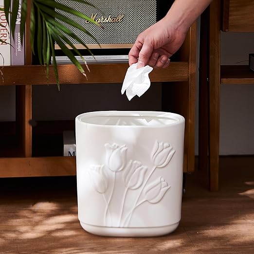 White Ceramic Tulips Small Bathroom Trash Can 2.6 Gal (10 Liter) - Heavy & Decorative Garbage Bin for Bathroom, Kitchen, Office, Bedroom & Living Room Corner