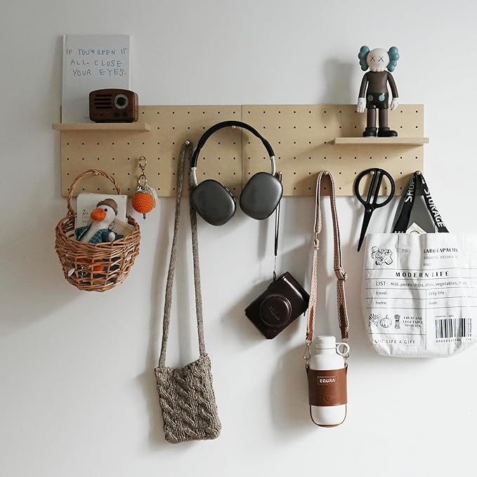Pegboard Wall Organizer, 2 Pack Large Peg Board with Shelves & Brass Hooks, Modular DIY Storage Panel for Entryway, Craft Room - Heavy Duty Display Board for Hats, Keys—Birch Color Finish