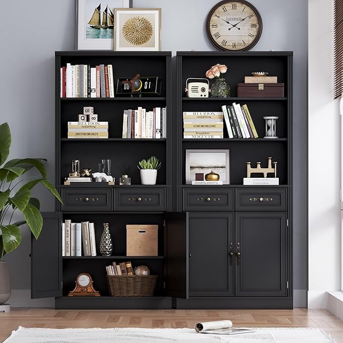 BORNOON 70.1" Tall Bookshelf with Drawers & Cabinet, 5-Tier Floor Standing Bookcase with Storage Doors, Adjustable Shelves & Metal Handles, 31.5" Wide Organizer for Home Office, Living Room