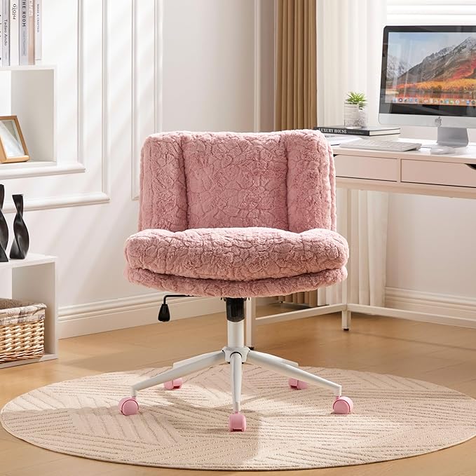 Goujxcy Desk Chair with Thickened seat Cushion, Modern Faux Fur Upholstered Home Office Chair, 360° Swivel Armless Desk Chairs, 120°Rocking Ergonomic Computer Task Vanity Chairs, Pink