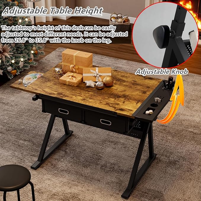 Drafting Table with Stool, Height Adjustable Drawing Table Art Table Painting Table Art Craft Desk with 0-75° Tilting Tabletop and Storage Drawers, Rustic