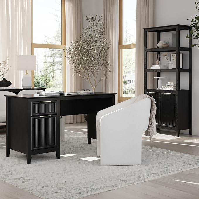 Bush Home 54-inch Office Desk with Storage and 5 Shelf Bookcase with Doors, Home Office Furniture, Camille Collection, Onyx Birch
