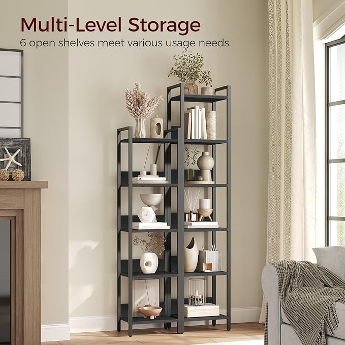 MAHANCRIS Bookshelf, 6-Tier Bookcase, Standing Book Shelf for Small Space, Storage Shelf Organizer, for Living Room, Bedroom, Study, Balcony, Black BKHB6601
