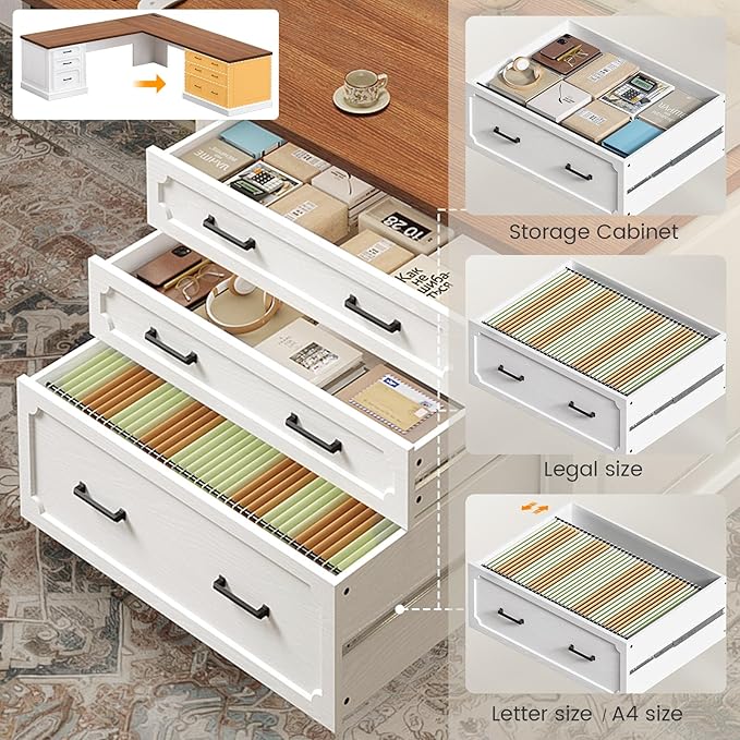 SEDETA Farmhouse 78.7" Executive L Shaped Desk with 6 Drawers, Home Office Desk with Power Outlet, File Cabinet Storage, Wood Corner Computer Desk for Work and Study, White