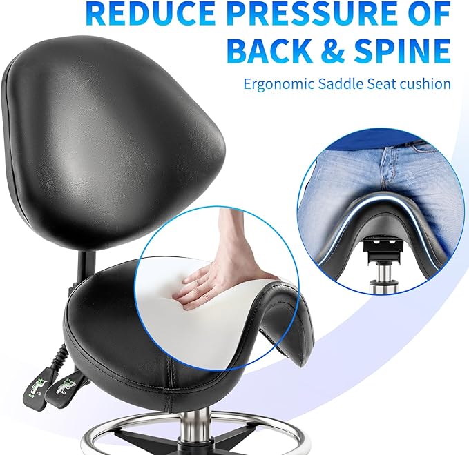 Saddle Chair with Back Support - Tilted Backrest, Adjustable Foot Rest, 350 LBS Capacity Ergonomic, 360° Swivel Drafting Chair for Salon, Spa, Massage, Tattoo, Facial lash, Home, Dentist (Black)