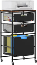 EasyPAG Rolling Storage Cart with 3 Drawers, Under Desk File Cabinet on Lockable Wheels, Movable Letter Size Hanging File Folder Organizer with Wooden Printer Stand for Home Office, Black