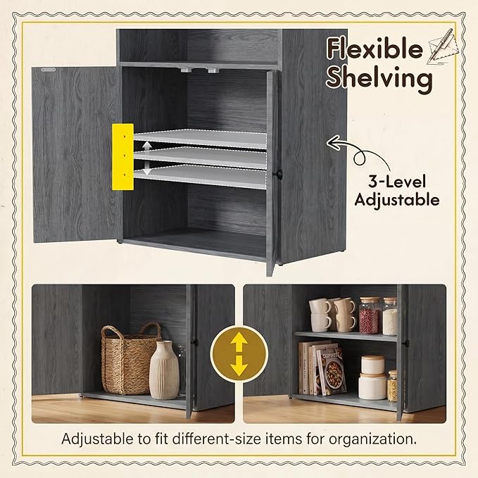 YESHOMY Farmhouse Bookshelf and Bookcase with Doors, Industrial Bookshelves and Bookcases Floor Standing Display 6-Tier Shelf Storage Shelves 71.5 inchs for Home Office, Living Room, Gray, 1 PCS