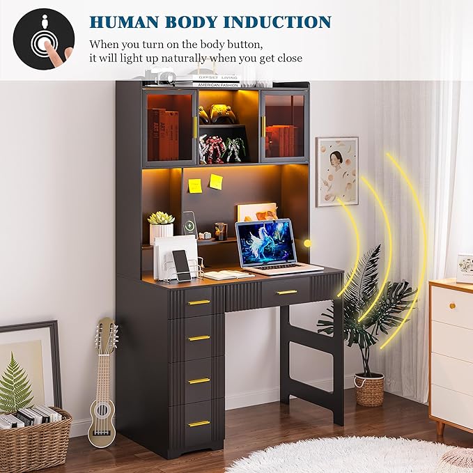 WOOVIVS LED Study Desk with Hutch and Drawer, Home Office Desk with Outlet, Computer Desk with Charging Station, Writing Desk for Bedroom, Workstation for Small Space (Black)