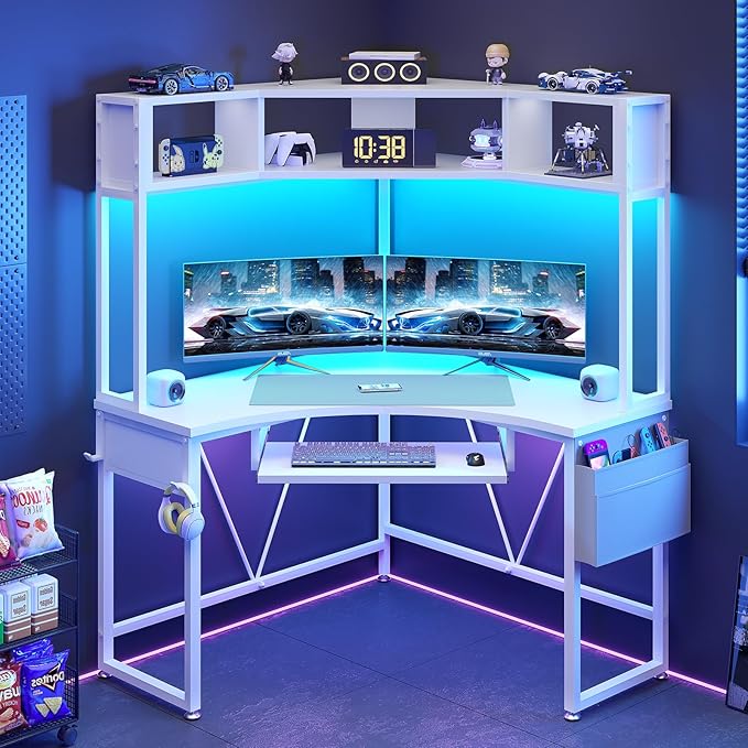 SEDETA Corner Desk, Small Computer Desk with Hutch & LED Lights, Triangle Corner Computer Desk with Keyboard Tray, Storage Bag, and Headphone Hook for Small Space, Home Office Desk, White