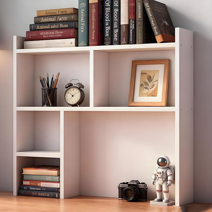 Desk Hutch Dorm Desktop Bookshelf, Wooden Desk Storage Hutch with 6 Shelves for Computer Desk, 4-Tier Desktop Display Organizer Rack for Office Home