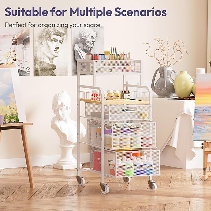 SWTYMIKI Office Rolling Cart with 3 Drawers - Metal Utility Cart with Wood Shelf, DIY Divider and Locking Wheels, Craft & Art Cart Organizer for Under Desk Storage for Home Office Studio, White