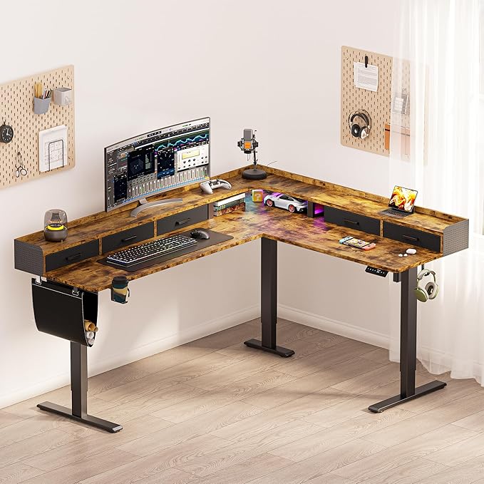 WALKINGDESK 75 Inches Height Adjustable L Shaped Standing Desk with 5 Drawers and Monitor Shelf, Electric Sit to Stand Home Office Comupter Table, Ergonomic Corner Gaming Desk, Rustic Brown