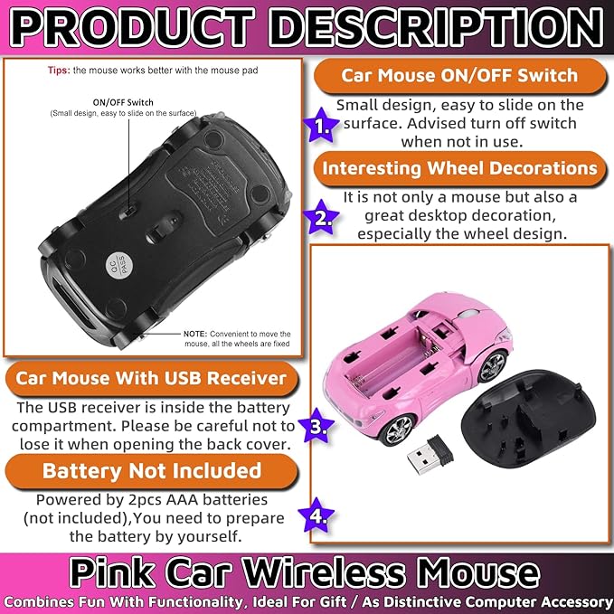 HuGuWdy Pink Wireless Car Mouse - 2.4G Wireless with USB Receiver, Optical Mouse for PC, Laptop, Tablet - Win XP/Vista/7/ME/2000/Mac OS Pink Mouse for Her for Christmas