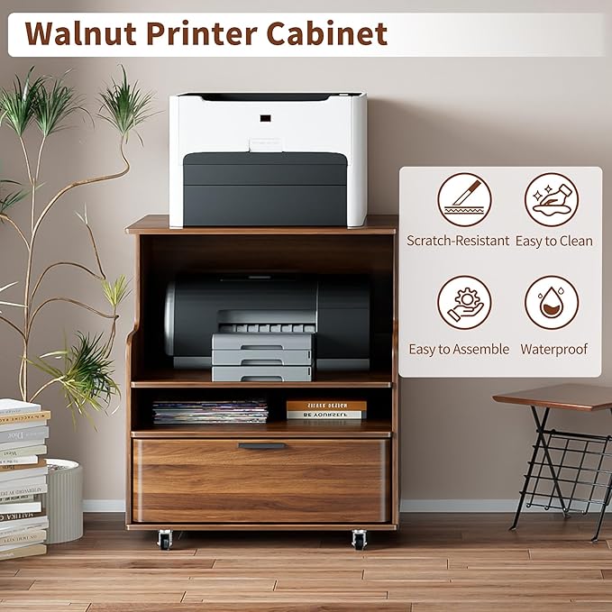 Rolling Printer Stand with Drawer and 3-Tier Storage Shelves, Mobile Wood 3D Printer Cart Under Desk with Wheels, for Home Office Small Spaces Organization, Walnut