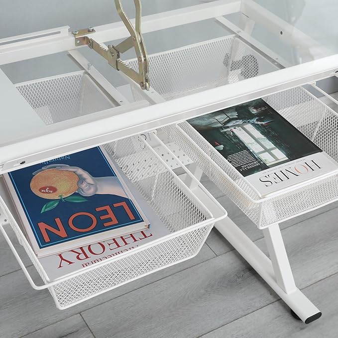 Adjustable Drawing Table for Artists | Drafting Desk with Tilted Glass Top | Art & Craft Table for Adults (White, Classic Pro-27.16''- 35.82'' H)