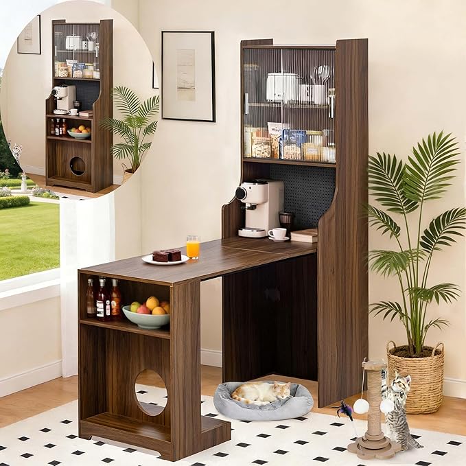 Fold-Out Convertible Office Table, Space-Saving Folding Writing Desk with Hutch & Storage Shelves, Pet-Friendly Foldable Computer Desk with Free Cat Bed for Small Spaces (Walnut)