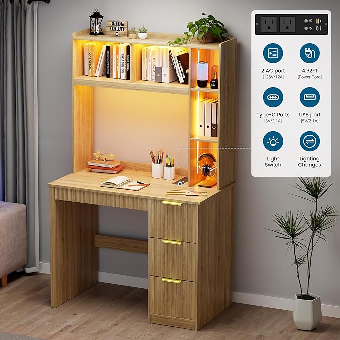 WOOVIVS Home Office Desk with Hutch & LED Lights - 39" Computer Desk with Charging Station, 3 Large Drawers, Hidden Compartment & Fluted Panel Design,Natural Writing Desk for Bedroom, Study