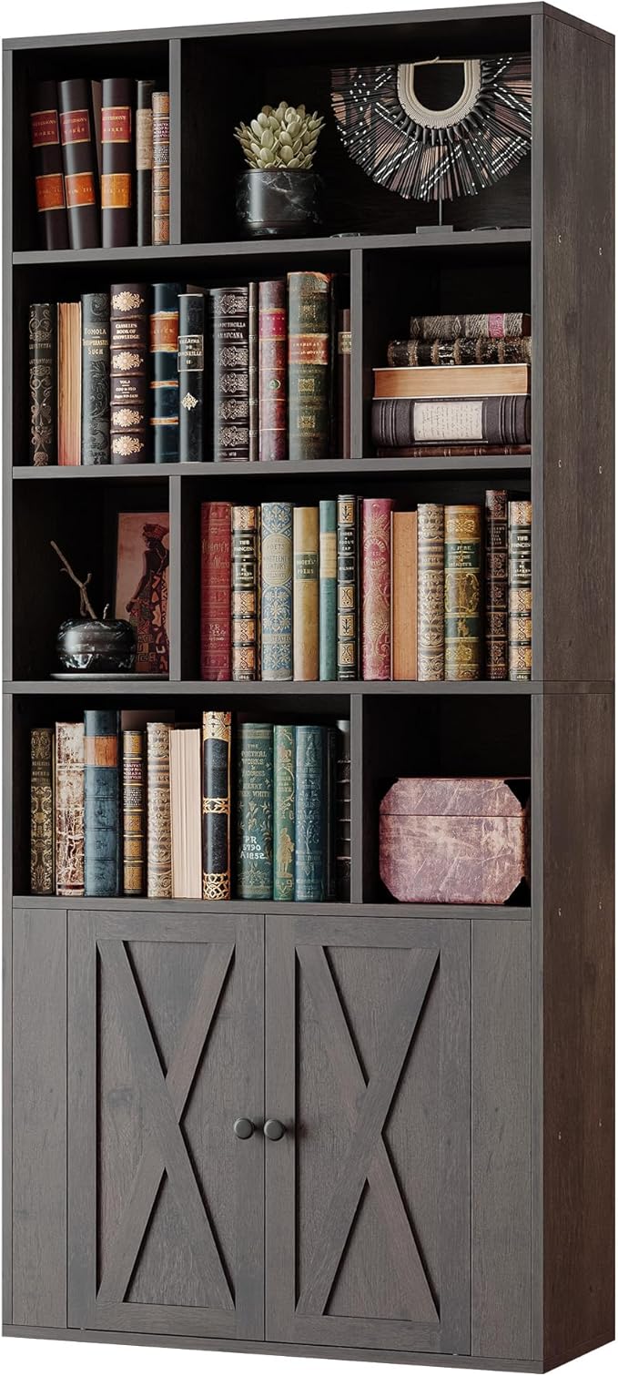 IRONCK Book Shelf, Tall Bookshelf with Storage, Bookshelves and Bookcases with Doors, 4-Tier Bookcase with 8 Open Cubes for Living Room, Office, Study, Charcoal Gray