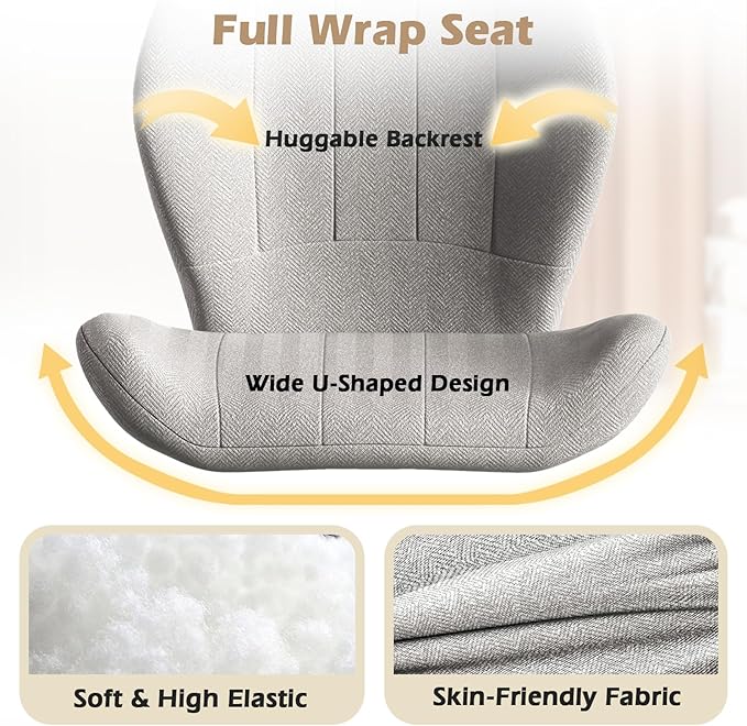 ZZW Criss Cross Chair with Wheels, Wide Cross Legged Office Chair Armless Comfy Desk Chair with Tall Back Vanity Chairs with Stress Relief Curved Design Seat for Bedroom & Office & Home Grey