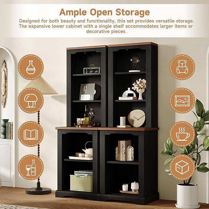 ON-Trend Two-Piece Elegant Freestanding Tall Cabinet with Fully Open Storage, Walnut Element Bookshelves with Curved Design, Stylish Display Bookcase with Anti-Tip Device for Living Room, Black Refi