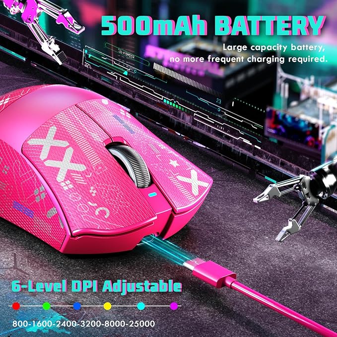 MAMBASNAKE Attack Shark V3 Wireless Gaming Mouse,Adjustable 25K DPI PAW3311 Optical Sensor,Ergonomic 62g Lightweight 5 Programmable Buttons 500mAH Battery,2.4G/BT/USB-C Wired for PC/Mac-Red&Griptape